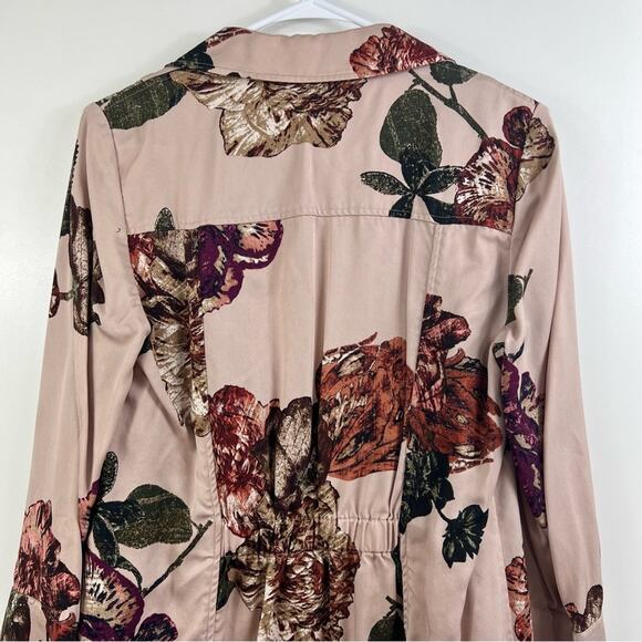 Romantic Pink Floral Ruffle Chico's Open Front Cinched Back Jacket Small Spring - Picture 7 of 12